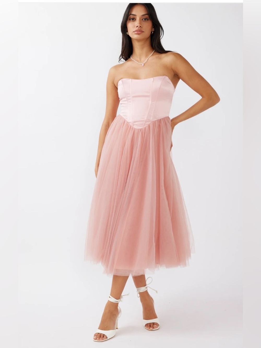 Angel Biba NWT Rosemary Ballet Pink Tulle Corset Strapless Midi Dress Large